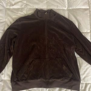 Talbots Brown Fuzzy Zip Up With Floral Patterns.